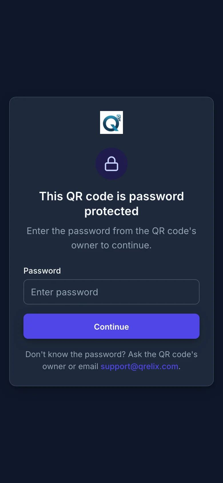 A phone showing a password-protected QR code: the owner's logo, a lock icon, a password field, and a Continue button.
